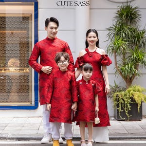 Cat Tuong - Family Red Bow and Pearls Matching Ao Dai Set 22B| Pre-made Traditional Vietnamese Ao Dai | Lunar New Year |