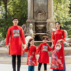 Family Printed Red Ao Dai Set (No Tassels)| Pre-made Vietnamese Ao Dai| Lunar New Year | Ao Dai for Girl, Mom, Dad, Boy | Ao Dai Tet|