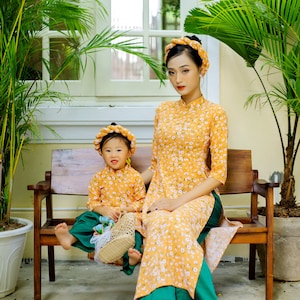 Mom and Daughter Orange Matching Ao Dai Set with Headbands|Pre-made Traditional Vietnamese Ao Dai| Lunar New Year | Ao Dai for Girl, Mom|19A