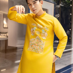 Men Yellow Embroidered Clouds Ao Dai Gam Top 6A| Pre-made Traditional Vietnamese Ao Dai| Lunar New Year | Ao Dai for Dad | Ao Dai Tet|7A