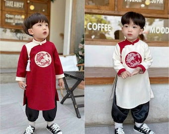 Boy Red/Cream Embroidery Dragon Ao Dai Top 34D| Pre-made Traditional Vietnamese Ao Dai | Lunar New Year | Ao Dai for Boy |
