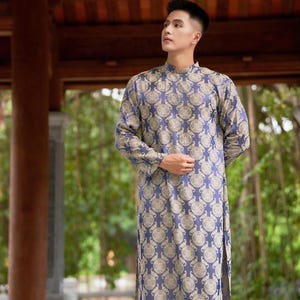 Men Purple/Blue Gam Silk Ao Dai Top 4A| Pre-made Traditional Vietnamese Ao Dai| Lunar New Year | Ao Dai for Dad, Boy | Ao Dai Tet|