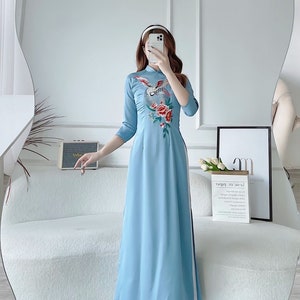 Blue Embroidery Moon Ao Dai Set | Pre-made Traditional Vietnamese Ao Dai| Women Ao Dai with Pants | Lunar New Year| Ao Dai Truyen Thong|D3