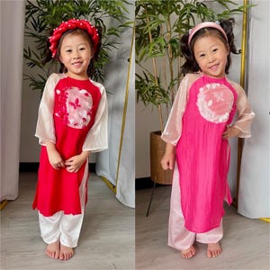Girl Red/Pink Butterflies Ao Dai Set 24C-D| Pre-made Traditional Vietnamese Ao Dai|Lunar New Year| Kid Ao Dai| Ao Dai for Girl |24C-D
