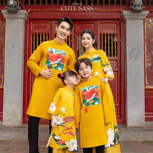 Cat Tuong - Family Yellow Vibrant Matching Ao Dai Set (No Tassel) 17D| Pre-made Traditional Vietnamese Ao Dai | Lunar New Year |