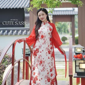 Yen - Red and Gold 3D Flowers Bow Shifted Ao Dai Set 45D|Pre-made Modernized Vietnamese Ao Dai | Lunar New Year|