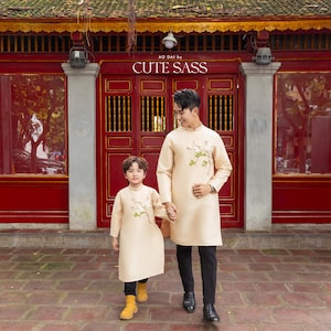 Cat Tuong - Dad and Boy Champagne Ribbon Matching Ao Dai 21D| Pre-made Traditional Vietnamese Ao Dai | Lunar New Year