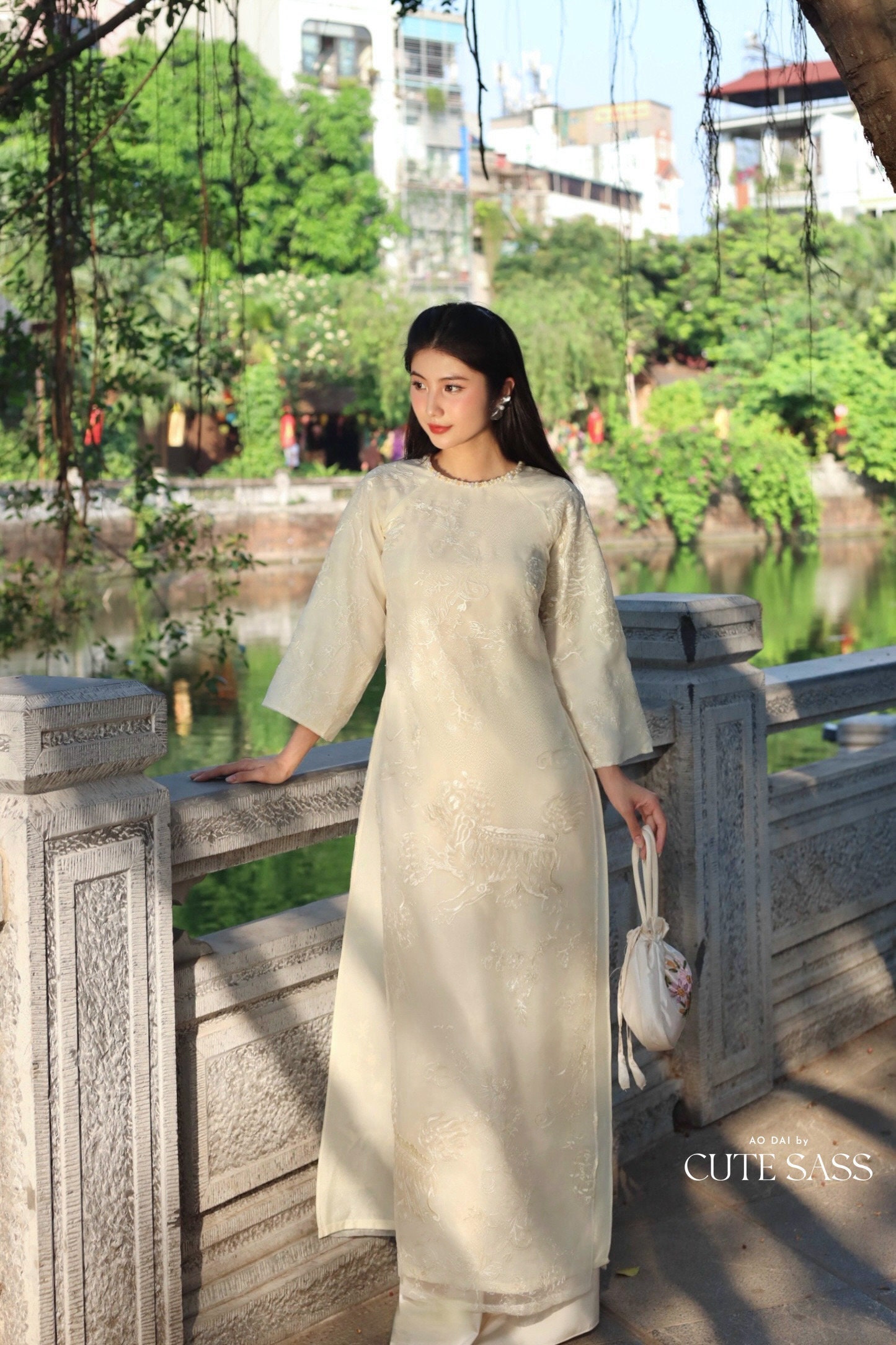 Cream Shifted Embroidery Lion With Pearls Neckline Ao Dai Set 7E |Pre-made Modernized Vietnamese Ao Dai with Pants | Lunar New Year|