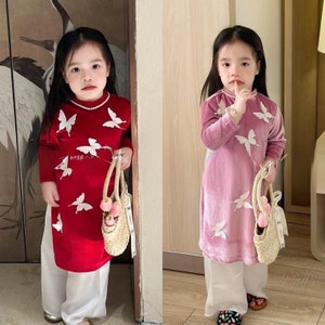 Girl Velvet Butterflies Ao Dai Set (Red, Pink) 16E| Pre-made Traditional Vietnamese Ao Dai| Lunar New Year | Ao Dai for Girl | Ao Dai Tet |