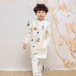 Boy White Cute Patterns Ao Dai | Pre-made Traditional Vietnamese Ao Dai|Lunar New Year| Ao Dai Truyen Thong | Kid Ao Dai| Ao Dai for Boy|40A