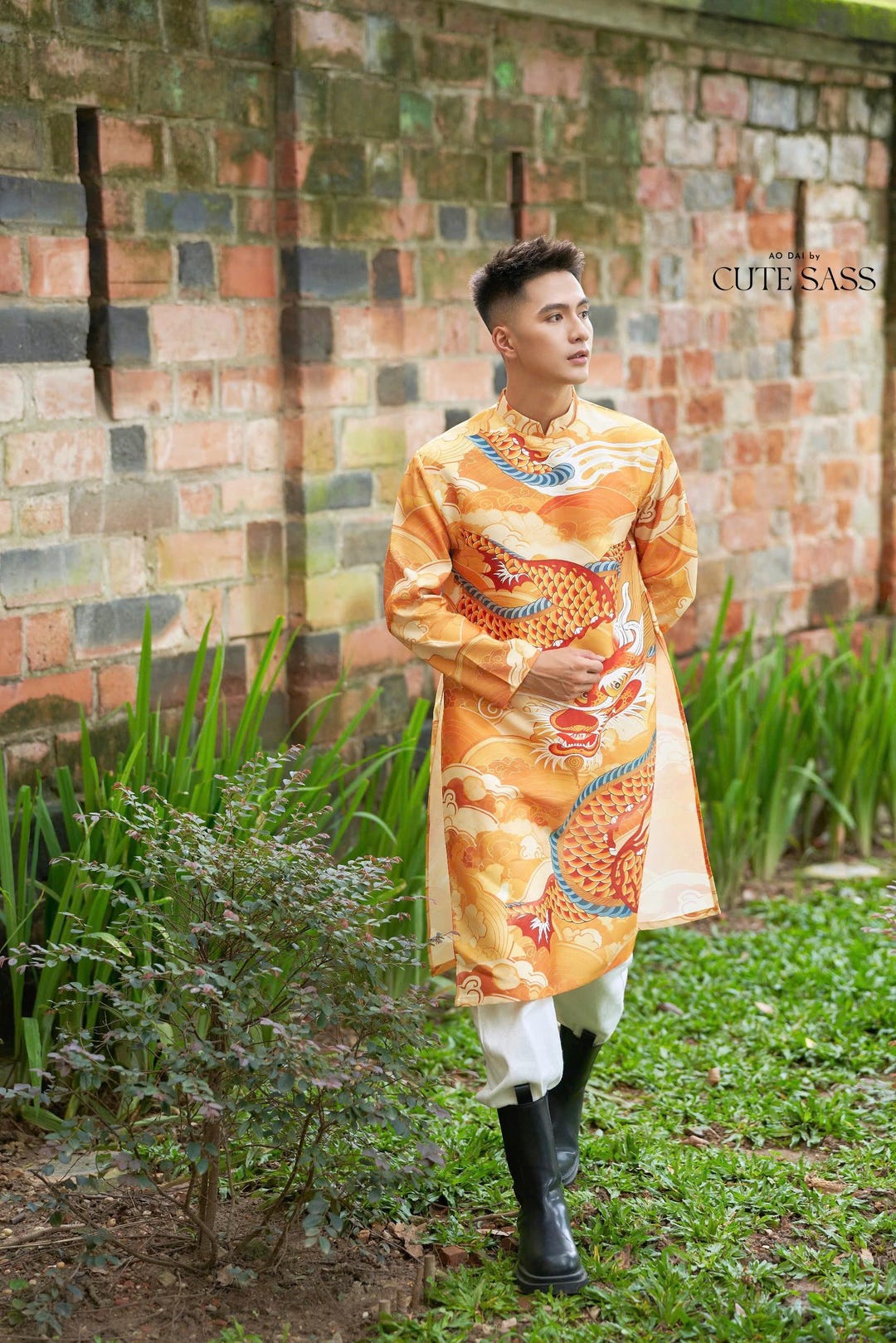Men's Ao Dai - Yellow Dragon Pattern Printed Ao Dai main image 1