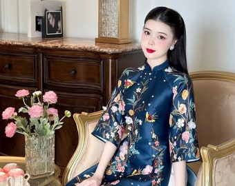 Blue Sparkle Garden Ao Dai Set 39c| Pre-made Traditional Vietnamese Ao Dai|Ao Dai with Pants|Lunar New Year|Ao Dai Cach Tan|