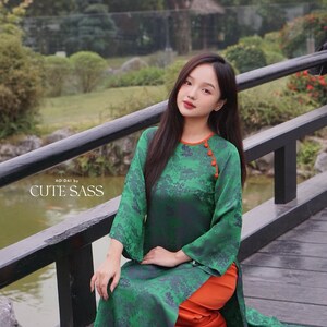 Dark Green Tu Minh Pattern Silk with Buttons Ao Dai Set 12-13B|Pre-made Modernized Vietnamese Ao Dai with Pants | Lunar New Year |