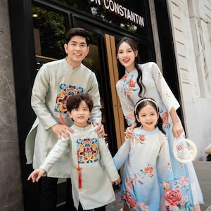 Family Printed Blue Ao Dai Set (No Tassels) 39D | Pre-made Vietnamese Ao Dai| Lunar New Year | Ao Dai for Girl, Mom, Dad, Boy | Ao Dai Tet|