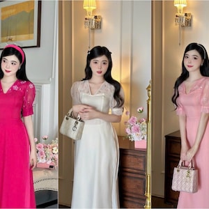 V-Neck Sparkle Ao Dai Set (3 Colors) 8C|Pre-made Modernized Vietnamese Ao Dai | Lunar New Year| Ao Dai Cach Tan With Pants|