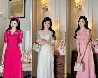 V-Neck Sparkle Ao Dai Set (3 Colors) 8C|Pre-made Modernized Vietnamese Ao Dai | Lunar New Year| Ao Dai Cach Tan With Pants|