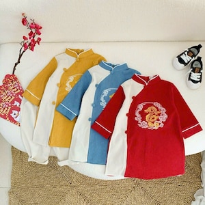 Boy Embroidery Dragon Ao Dai Top (Yellow, Blue, Red) 24D| Pre-made Traditional Vietnamese Ao Dai | Lunar New Year | Ao Dai for Boy |23A