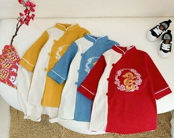 Boy Embroidery Dragon Ao Dai Top (Yellow, Blue, Red) 24D| Pre-made Traditional Vietnamese Ao Dai | Lunar New Year | Ao Dai for Boy |23A