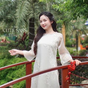 Shifted Cream Embroidery Chiffon with Braided Neckline Ao Dai Top Only, No Pants 8A|Pre-made Vietnamese Ao Dai with Pants | Lunar New Year|