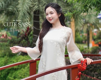 Shifted Cream Embroidery Chiffon with Braided Neckline Ao Dai Top Only, No Pants 4C|Pre-made Vietnamese Ao Dai with Pants | Lunar New Year|