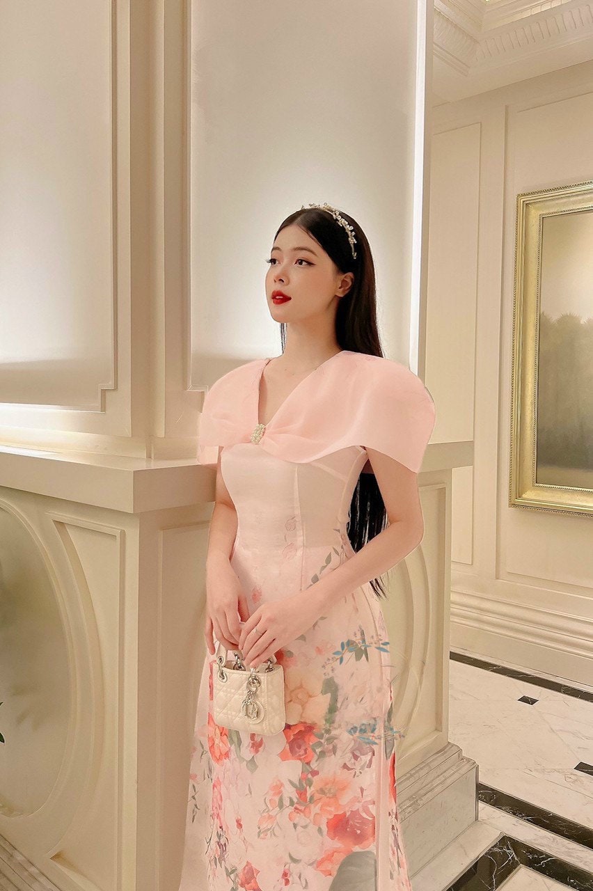 Blush Cape Sleeve Ao Dai Set Premade Modernized Vietnamese Etsy