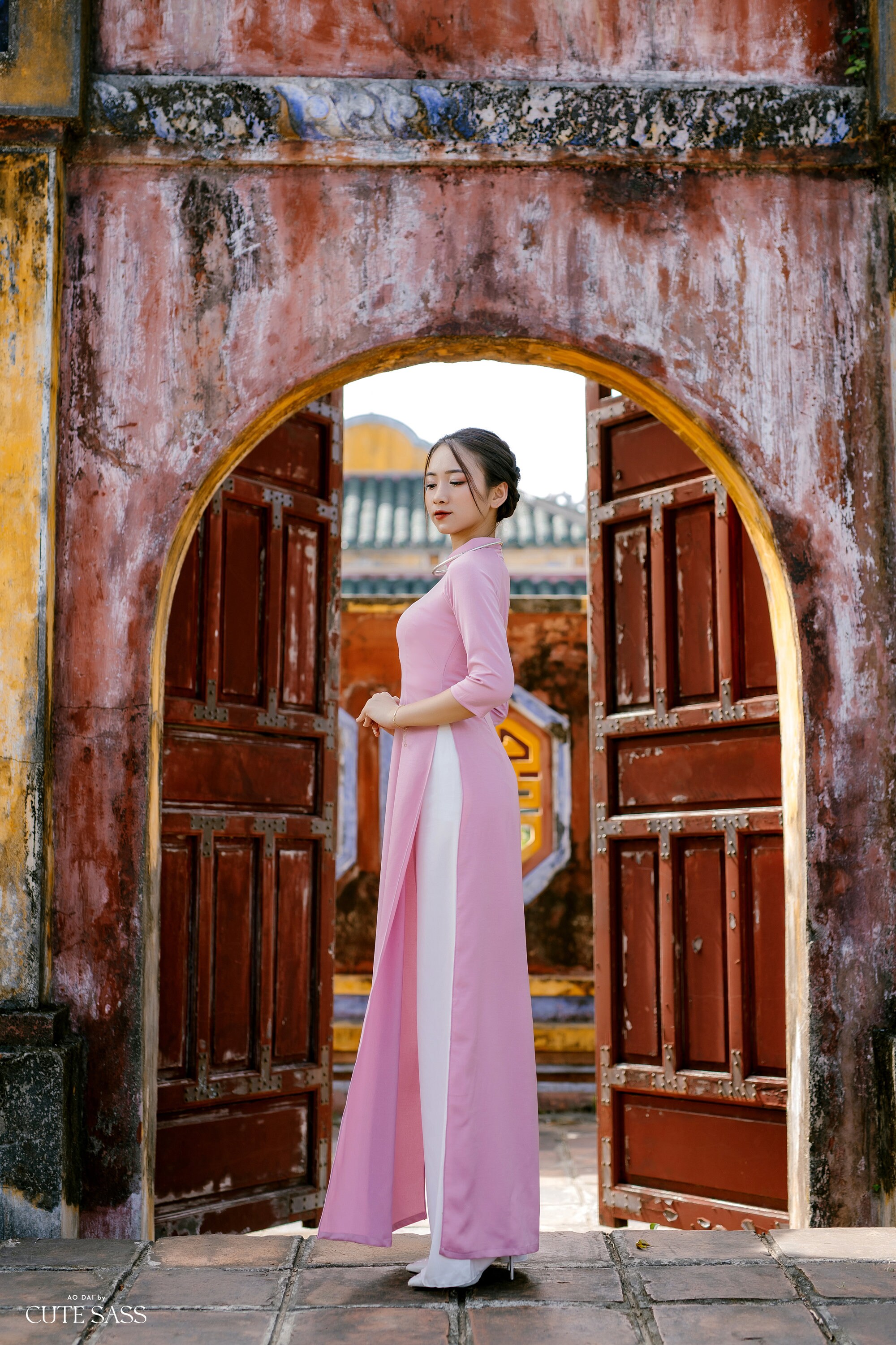 Tay Thi Silk Plain Ao Dai Top Only, NO PANTS (pink, White