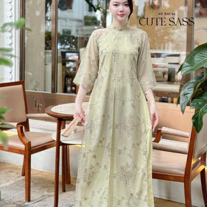 Green Slit Sparkle Chiffon Ao Dai Top Only, No Pants 41A|Pre-made Vietnamese Women Ao Dai| Lunar New Year|Ao Dai Cach Tan
