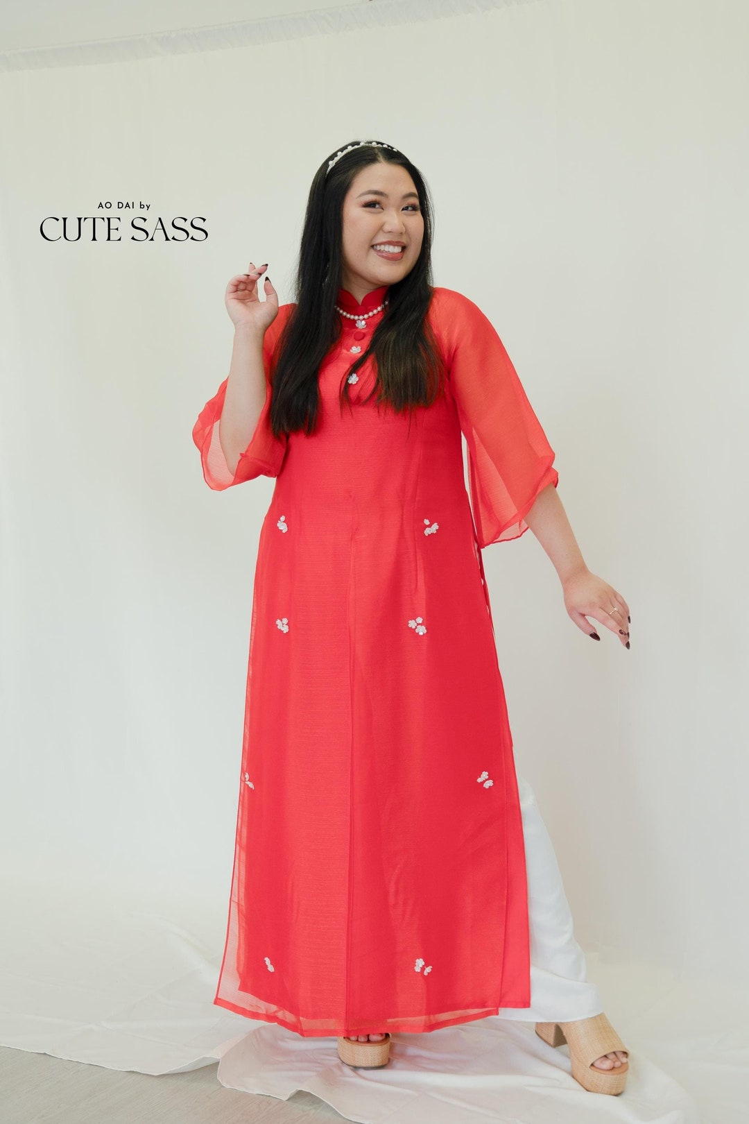 Red Sparkle Button Slit Ao Dai Set 28A |pre-made Modernized Vietnamese ...
