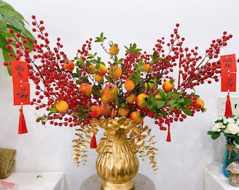 Pomegranate Faux Branches 33" Tall, 6-7 Poms - Tet Decoration | Lunar New Year Lucky Decor|Home Decor, Living Room Decoration, Housewarming|