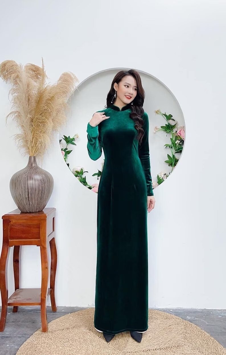 Dark Green Velvet Plain Ao Dai Top Only, NO PANTS | Pre-made