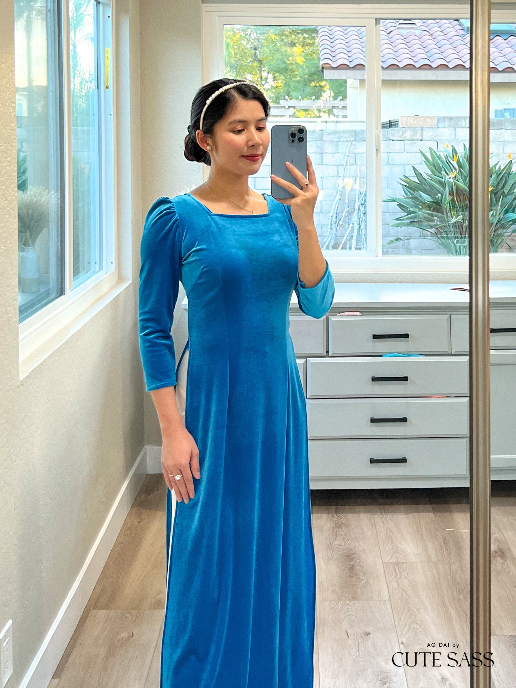 Turquoise Velvet Ao Dai Top Only, NO PANTS | Pre-made Traditional 
