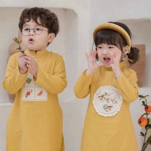Sibling Yellow Ao Dai Set | Pre-made Traditional Vietnamese Ao Dai | Lunar New Year | Ao Dai for Girl, Boy | Pre-made Kid Ao Dai |A4