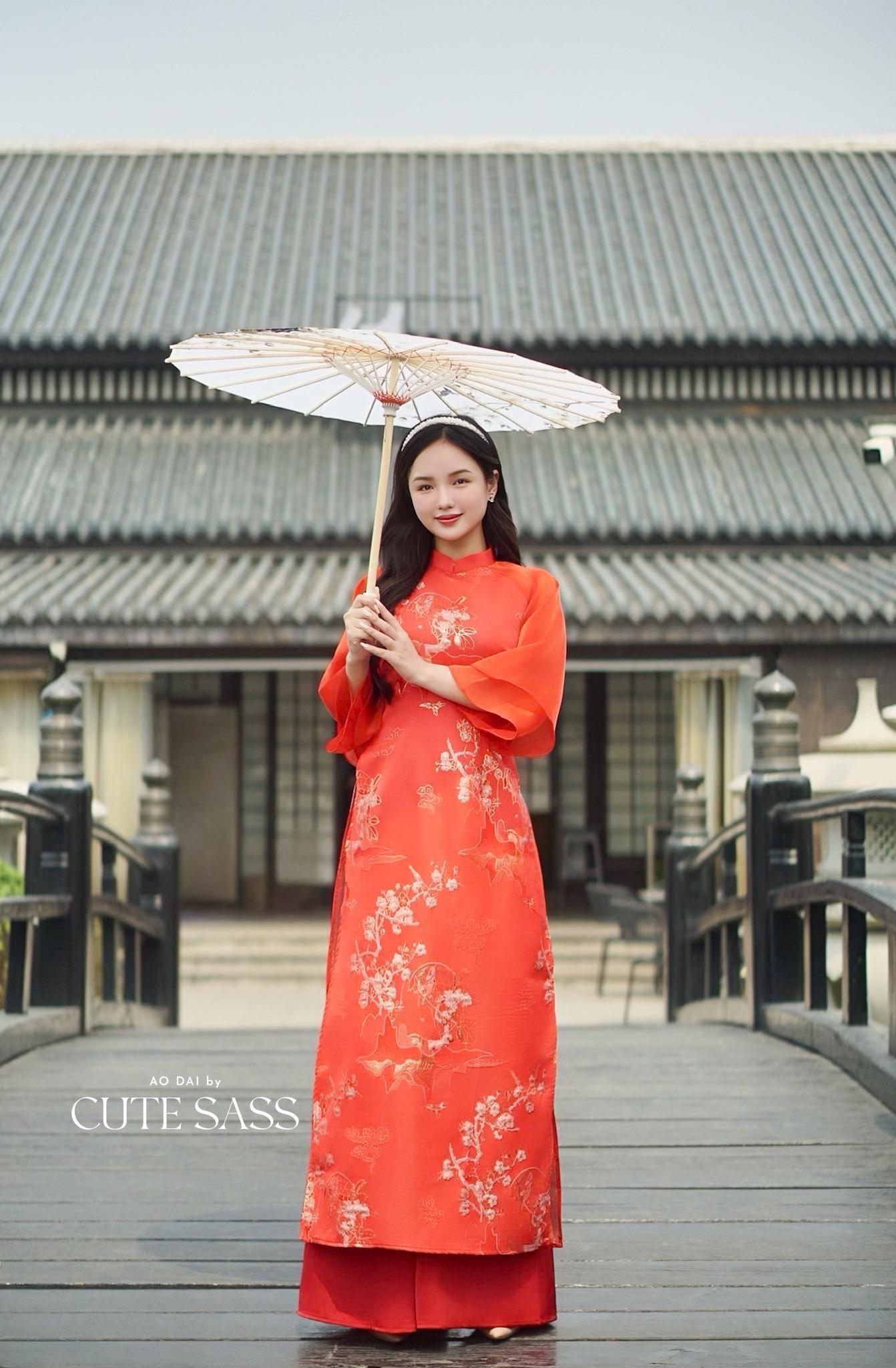 Yen - Red Heirloom Sheer Sleeves Ao Dai Top Only, No Pants 46-48C| Pre-made Modernized Vietnamese Ao Dai| Lunar New Year