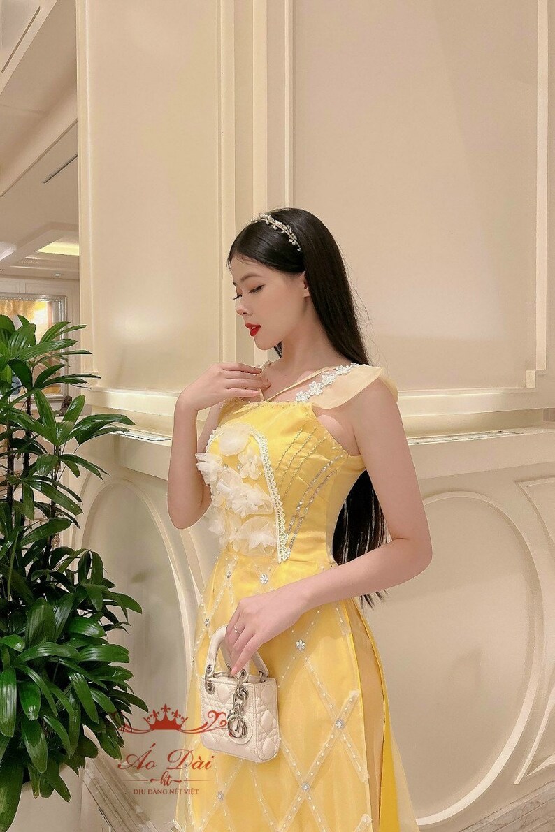 Sparkle Sleeveless Yellow Ao Dai Set Premade Modernized Etsy