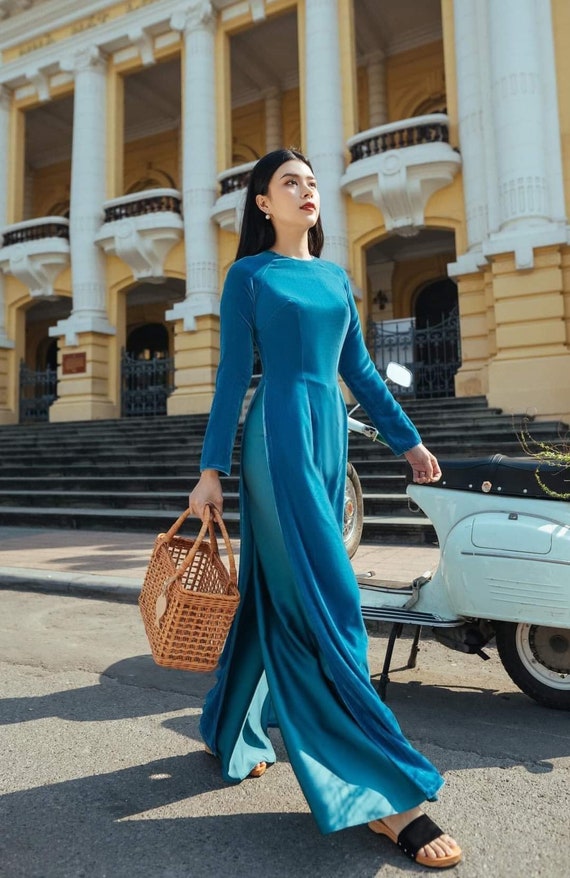 Turquoise Velvet Ao Dai Top Only, NO PANTS | Pre-made Traditional 