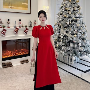 Anh Minh - Red Cut Out Sparkle Ao Dai Set| Pre-made Modernized Vietnamese Ao Dai|Ao Dai with Pants | Lunar New Year|Ao Dai Cach Tan|1B