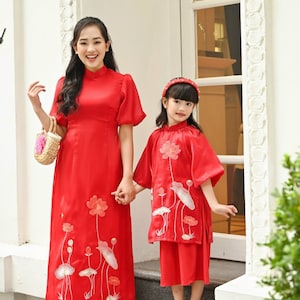 Mom and Daughter Puffy Sleeve Red Lotus Ao Dai Set| Pre-made Modern Vietnamese Ao Dai| Lunar New Year |Ao Dai for Girl, Mom |Ao Dai Tet|36D