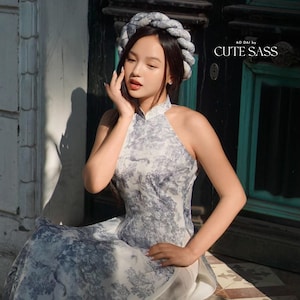 Blue Printed Sleeveless Yem-Inspired Ao Dai Top and Headband, No Pants, No Scarf 45D| Pre-made Modernized Vietnamese Ao Dai| Lunar New Year