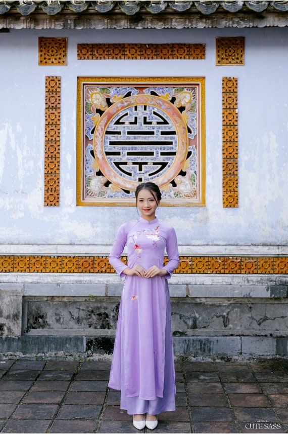 Purple Silk Embroidery Ao Dai Set Pre-made Traditional Vietnamese Ao Dai  Women Ao Dai With Pants Lunar New Year Ao Dai Truyen Thongf2 
