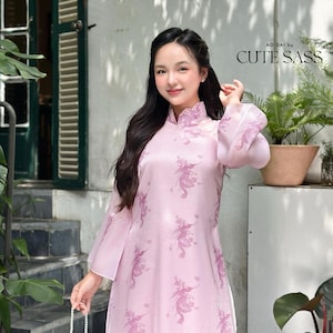 Light Pink Printed Phoenix Ao Dai Set with Hot Pink Pants 20-21C|Pre-made Vietnamese Women Ao Dai with Pants |Lunar New Year|Ao Dai Cach Tan
