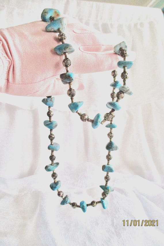 Turquoise, Turquoise Necklace, Vintage Turquoise Necklace, Vintage Turquoise Necklace with Sterling Silver Beads, Sterling Silver