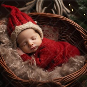 May include: A sleeping baby wearing a red knit outfit and hat with a cream-colored brim, nestled in a woven basket lined with faux fur. The basket is surrounded by Christmas tree branches and lights.