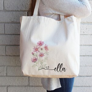 Personalized College Tote Bag, Birth Flower Canvas Book Bag, Custom Name Student Gift for School image 4
