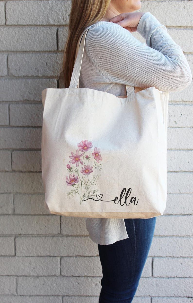 Personalized College Tote Bag, Birth Flower Canvas Book Bag, Custom Name Student Gift for School image 4