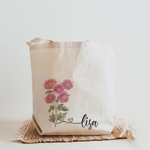 Personalized College Tote Bag, Birth Flower Canvas Book Bag, Custom Name Student Gift for School image 5