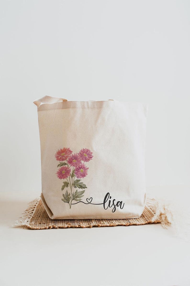 Personalized College Tote Bag, Birth Flower Canvas Book Bag, Custom Name Student Gift for School image 5