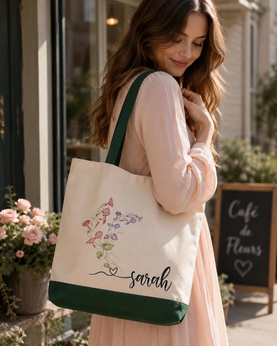 Personalized College Tote Bag, Birth Flower Canvas Book Bag, Custom Name Student Gift for School