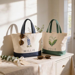 Personalized Birth Flower Canvas Tote Bag, Birthday gift for her, Mom, Friends, Bridal Favor Bag, Wedding Gifts