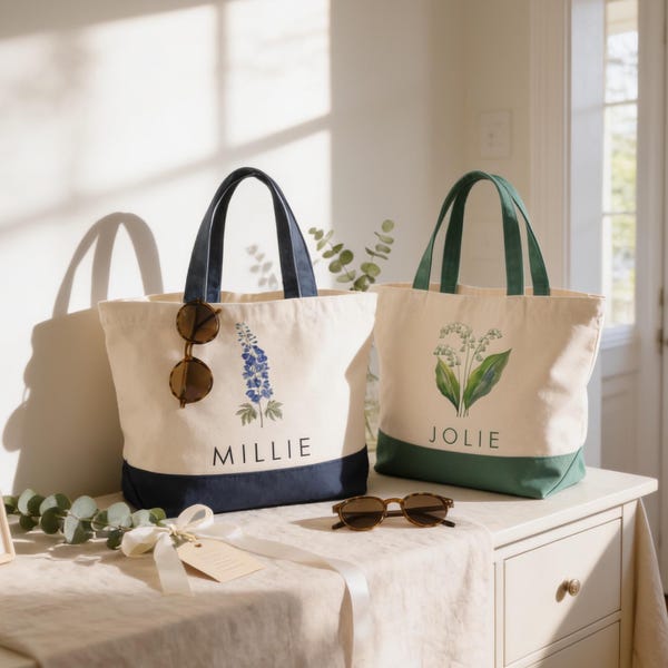 Personalized Birth Flower Canvas Tote Bag, Birthday gift for her, Mom, Friends, Bridal Favor Bag, Wedding Gifts