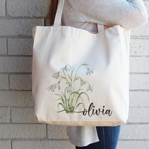 Personalized College Tote Bag, Birth Flower Canvas Book Bag, Custom Name Student Gift for School image 2